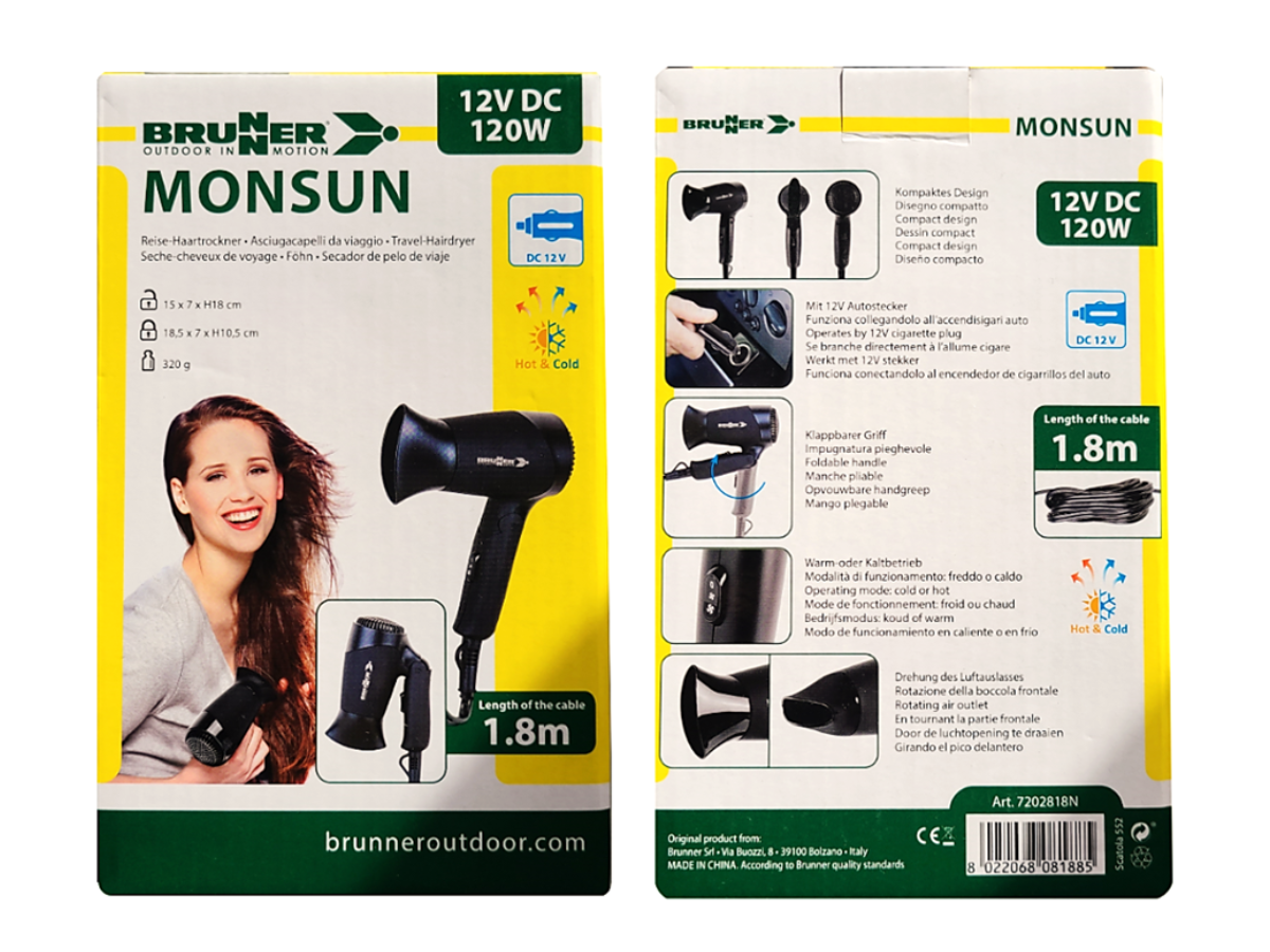 Haartrockner Monsun 12V Brunner Reise Fön 1.8m Kabel