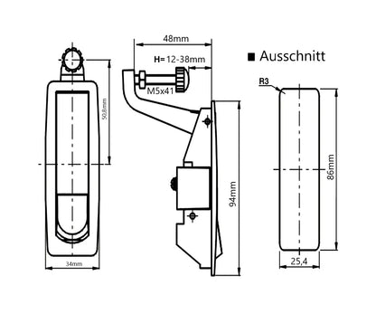 Technische Zeichnung des BREON SCHWARZ Kompressionsriegels mit Abmessungen und Einbaumaßen